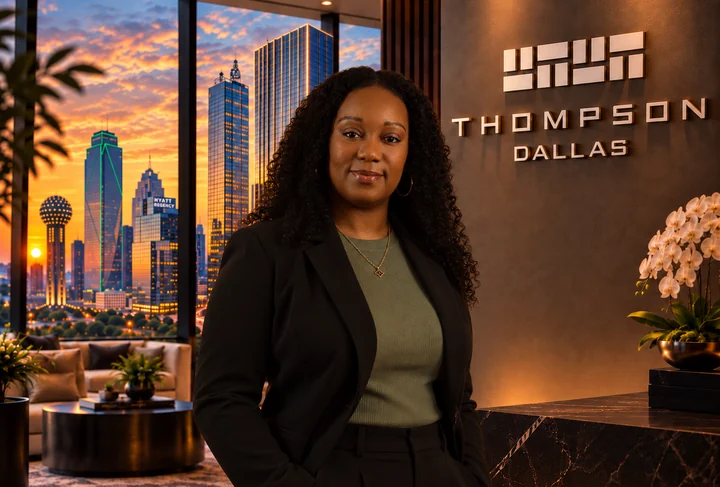 Woman in a black blazer in an interior with the Dallas skyline visible through the windows