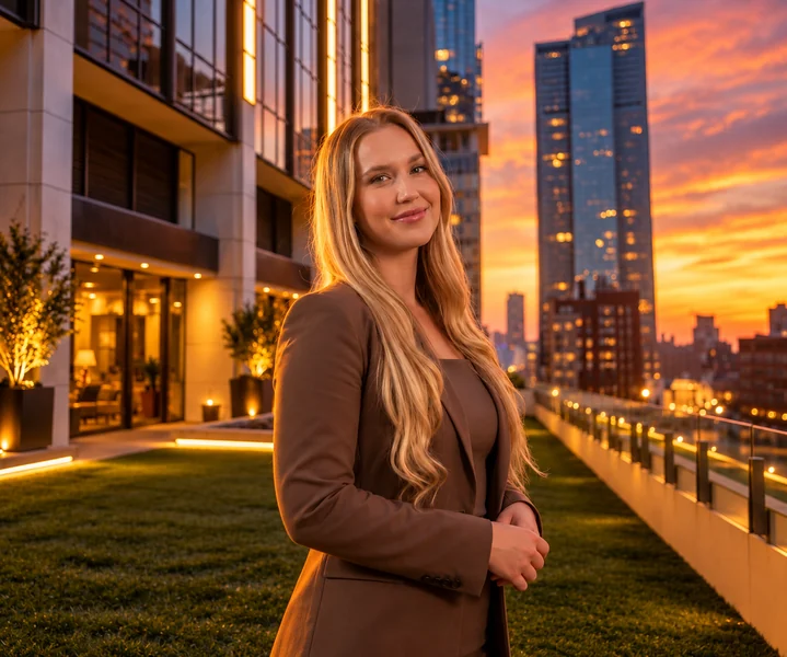 Woman in a brown blazer with modern city buildings and a warm sunset