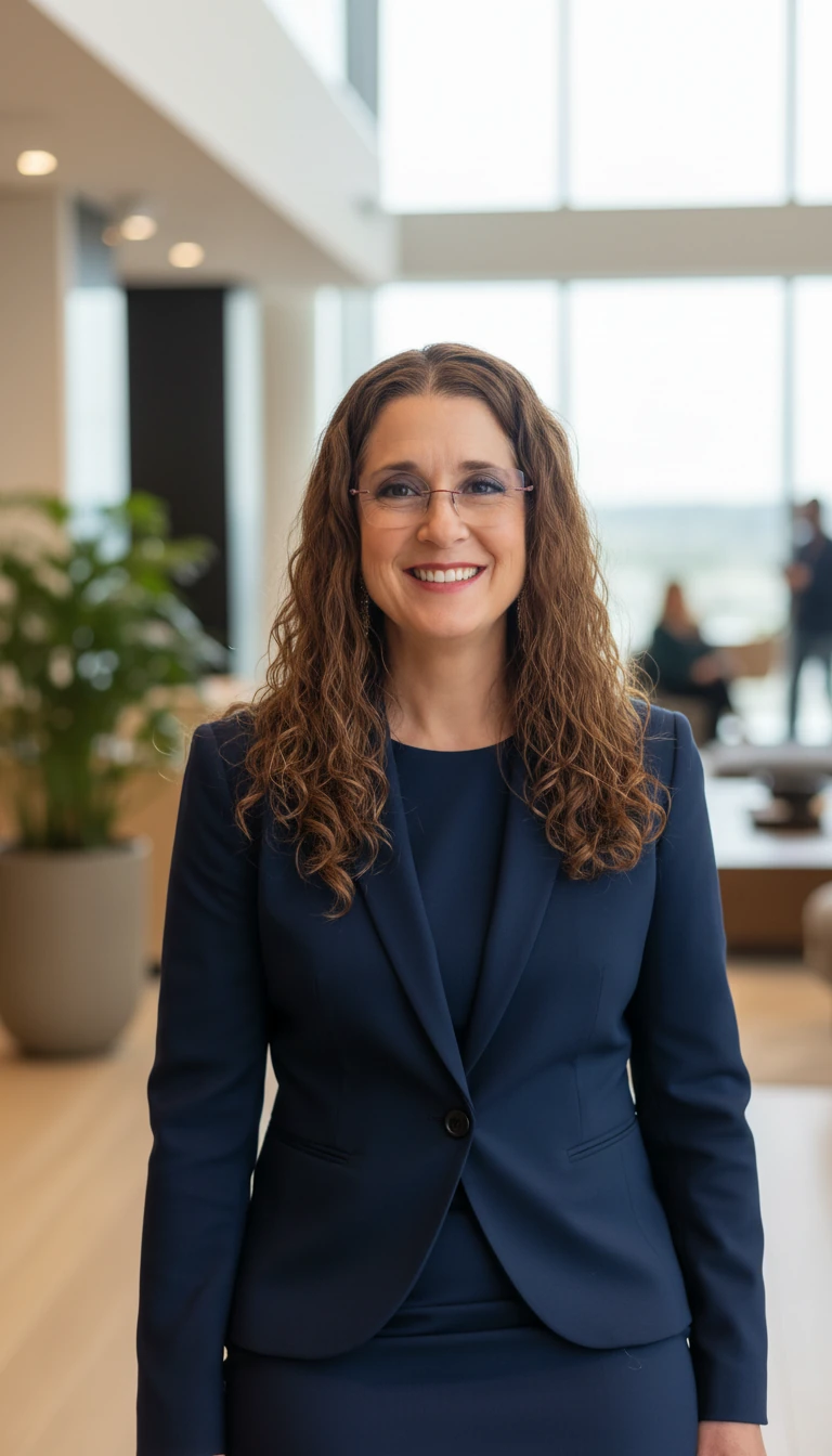 Smiling woman in glasses and a navy suit in a bright office lobby
