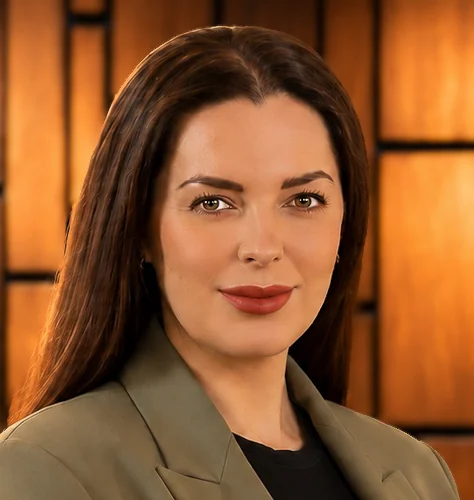 Woman in an olive blazer with warm amber background lighting