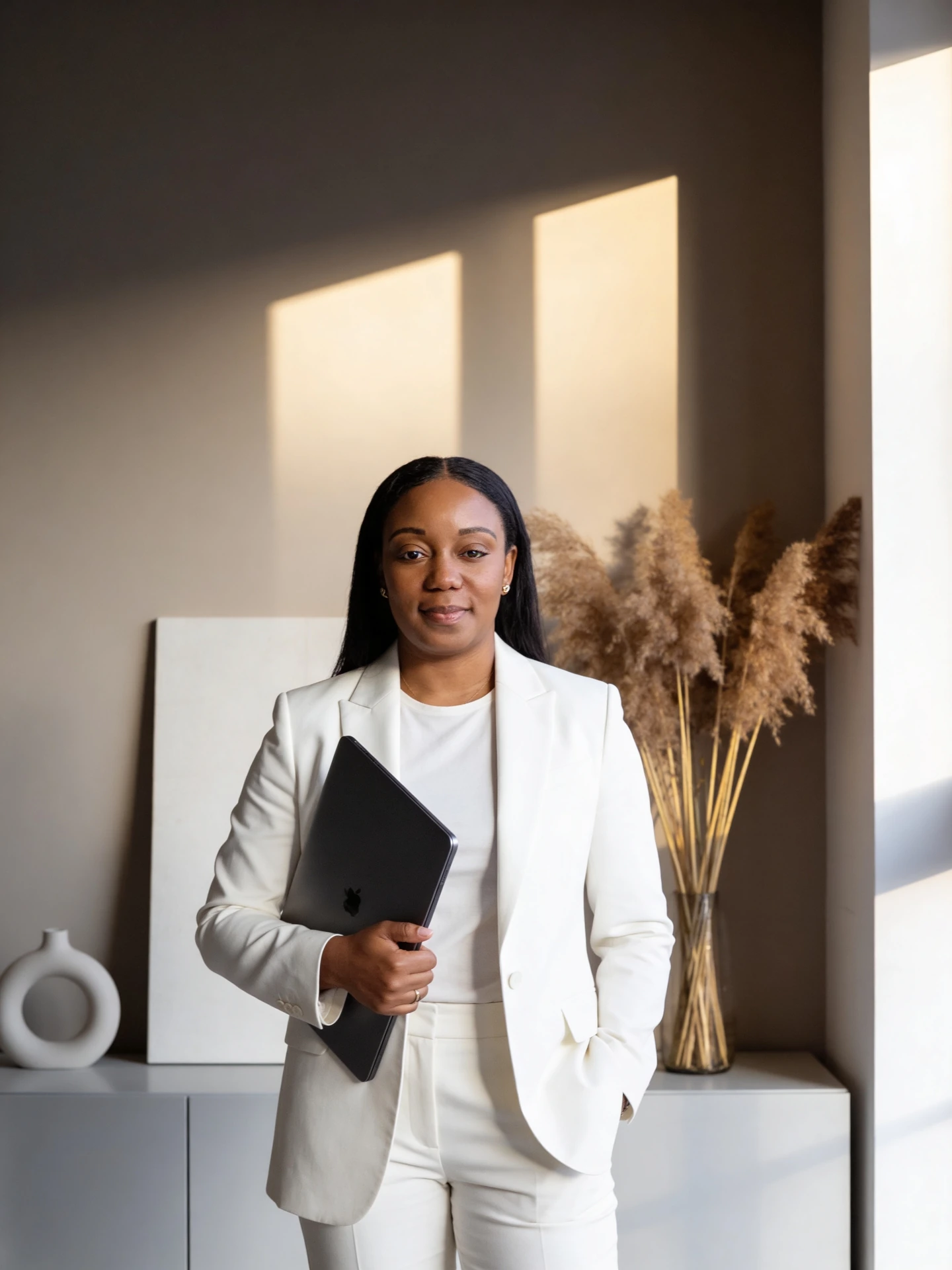 Personal branding portrait in a white suit holding a tablet in a sunlit interior