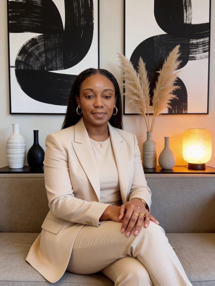 Woman in a beige suit seated in a modern interior with abstract artwork