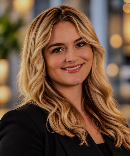 Smiling woman with blonde hair wearing a black blazer